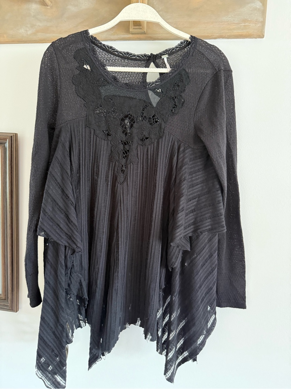 Free People Black Lace-Detail Long Sleeve Handkerchief Hem Top